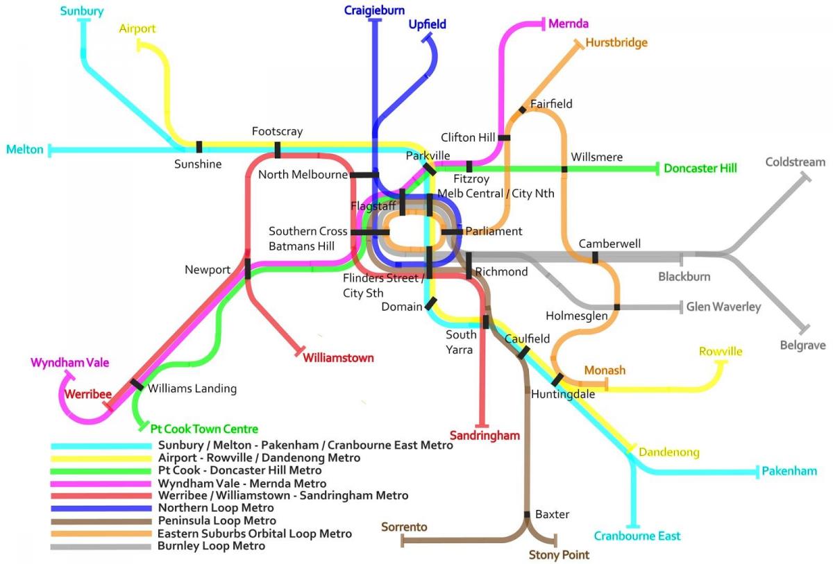 pociąg metra na mapie Melbourne