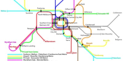 Pociąg metra na mapie Melbourne